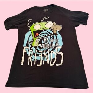 Hot Topic Black Tee with Green and Blue Cartoon Design